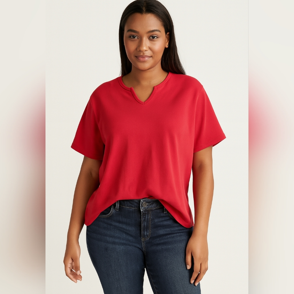 M3) Jennifer Moore Red Cotton Top – Size Large – Notch V-Neck, 100% Cotton